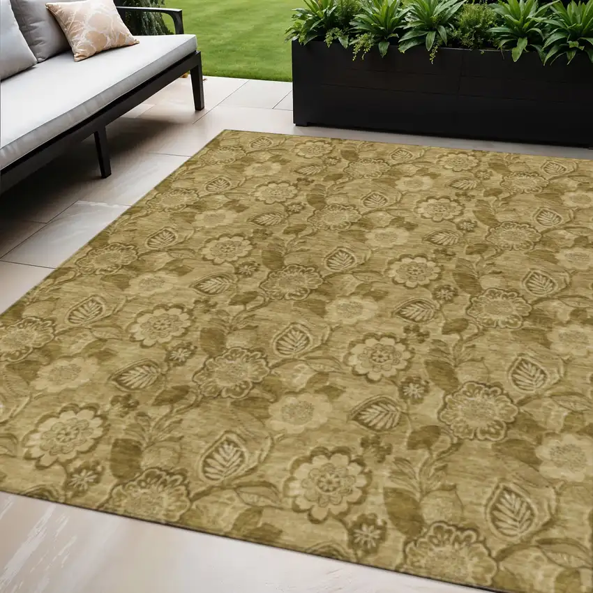 Brown And Beige Floral Washable Indoor Outdoor Area Rug Photo 2