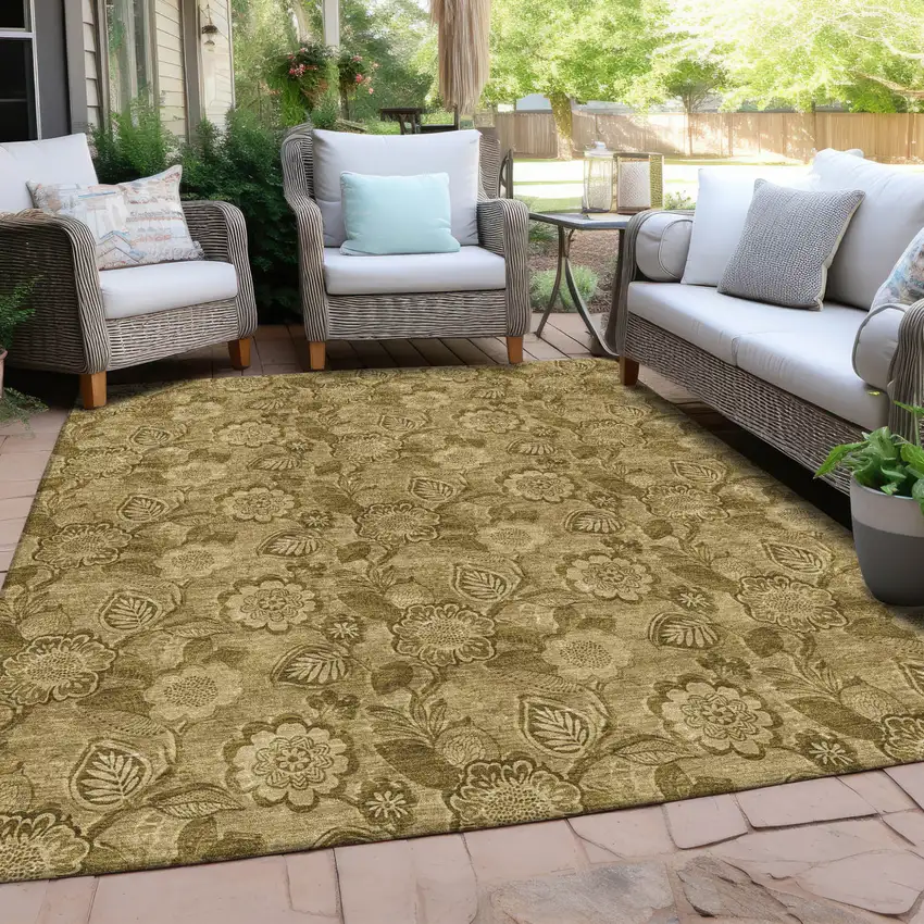 Brown And Beige Floral Washable Indoor Outdoor Area Rug Photo 5