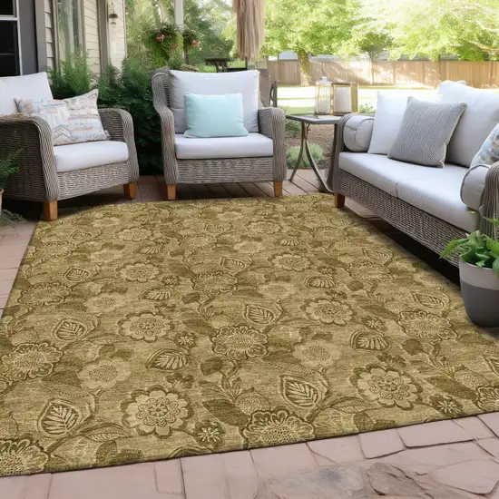 Brown And Beige Floral Washable Indoor Outdoor Area Rug Photo 5