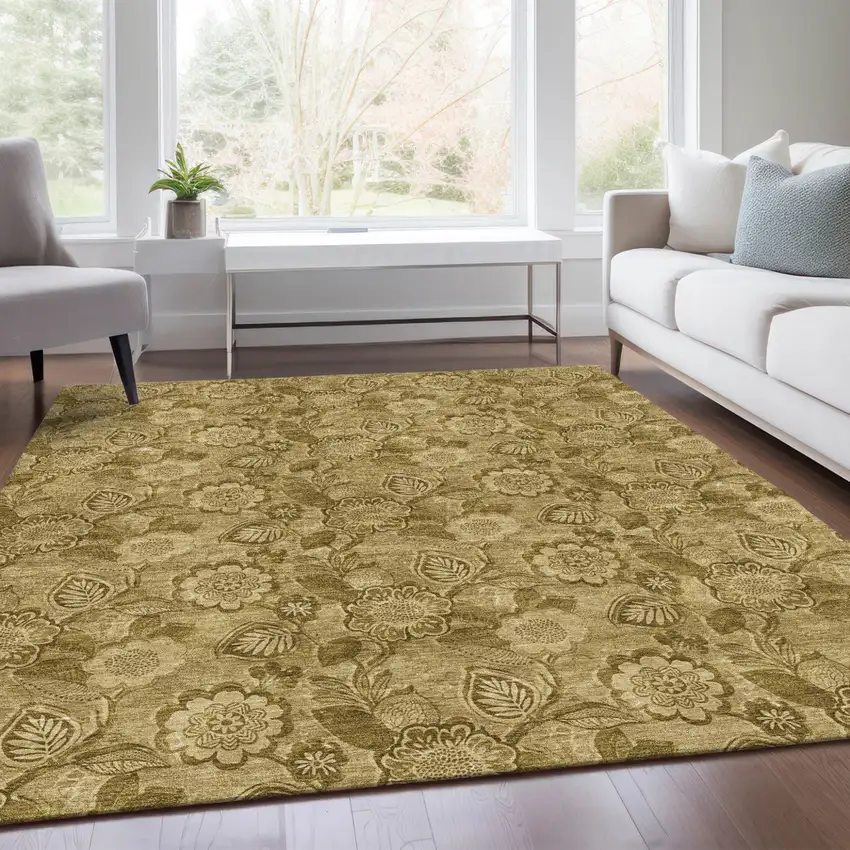 Brown And Beige Floral Washable Indoor Outdoor Area Rug Photo 7