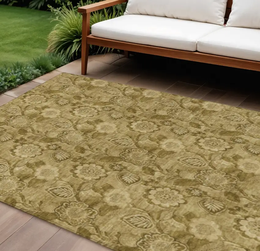 Brown And Beige Floral Washable Indoor Outdoor Area Rug Photo 2