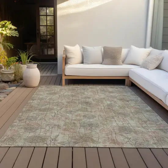 Brown And Beige Floral Washable Indoor Outdoor Area Rug Photo 8