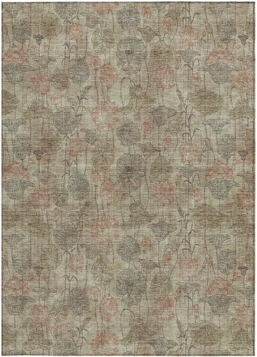 Brown And Beige Floral Washable Indoor Outdoor Area Rug Photo 3