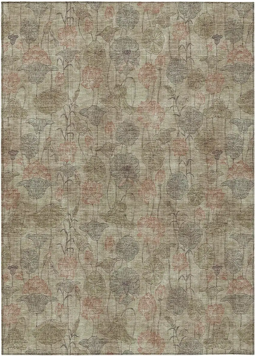 Brown And Beige Floral Washable Indoor Outdoor Area Rug Photo 1