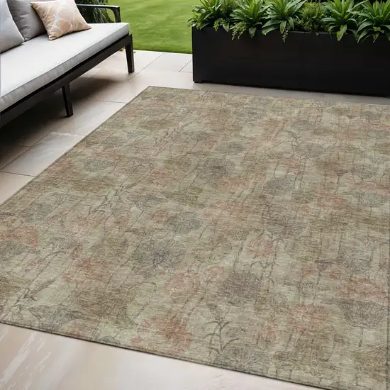 Brown And Beige Floral Washable Indoor Outdoor Area Rug Photo 2