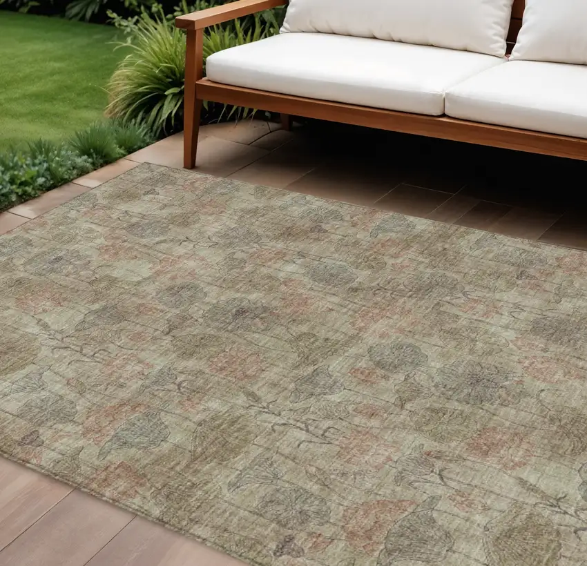 Brown And Beige Floral Washable Indoor Outdoor Area Rug Photo 2