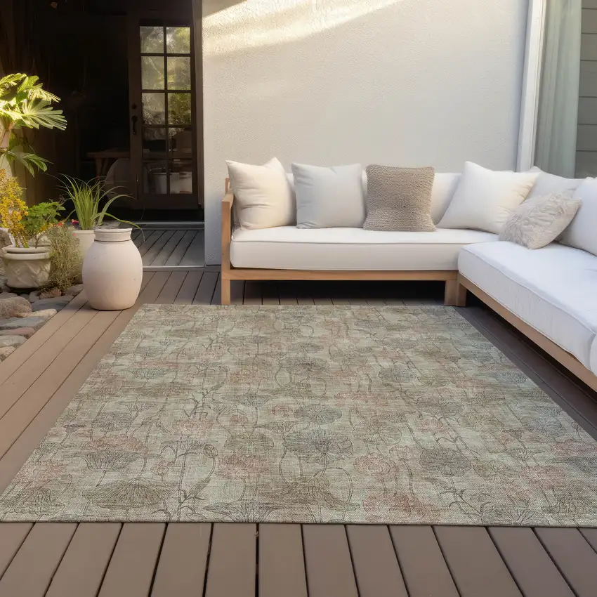 Brown And Beige Floral Washable Indoor Outdoor Area Rug Photo 7