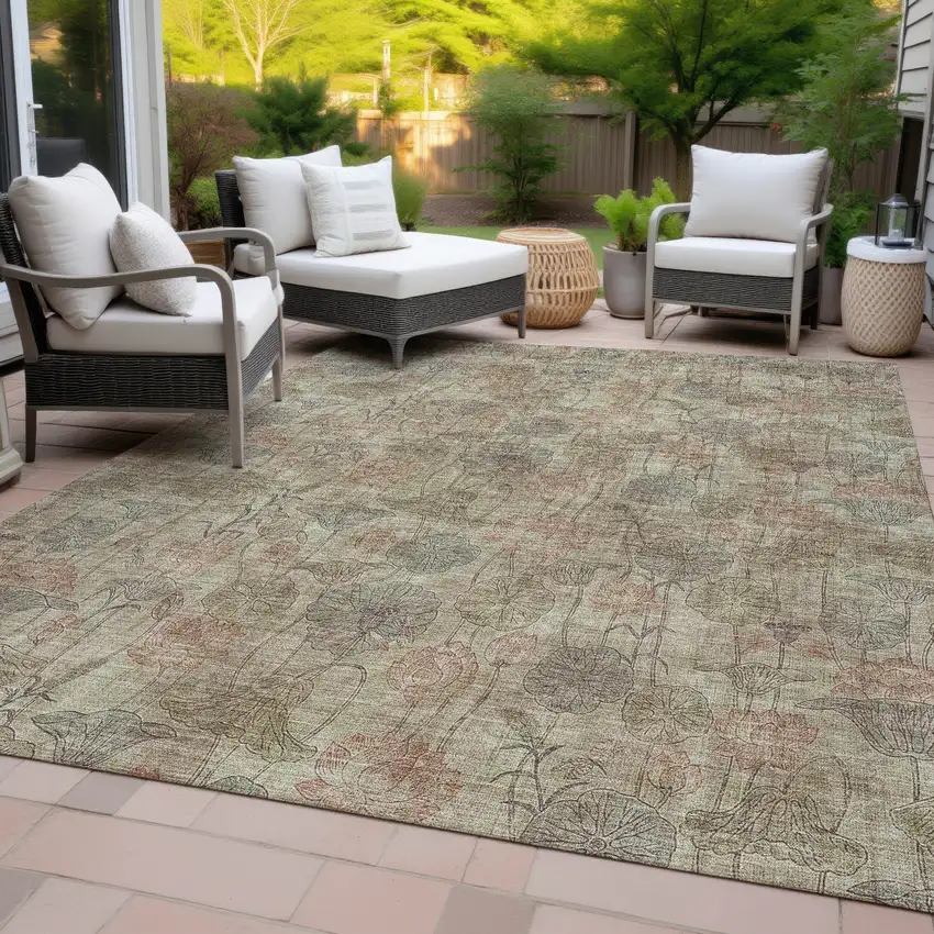 Brown And Beige Floral Washable Indoor Outdoor Area Rug Photo 7