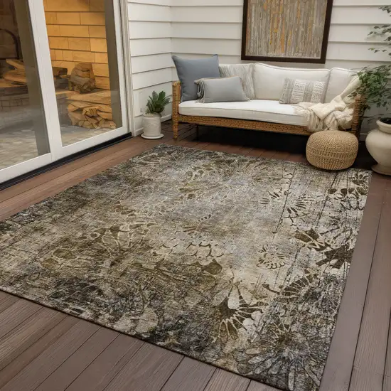 Brown And Beige Floral Washable Indoor Outdoor Area Rug Photo 9