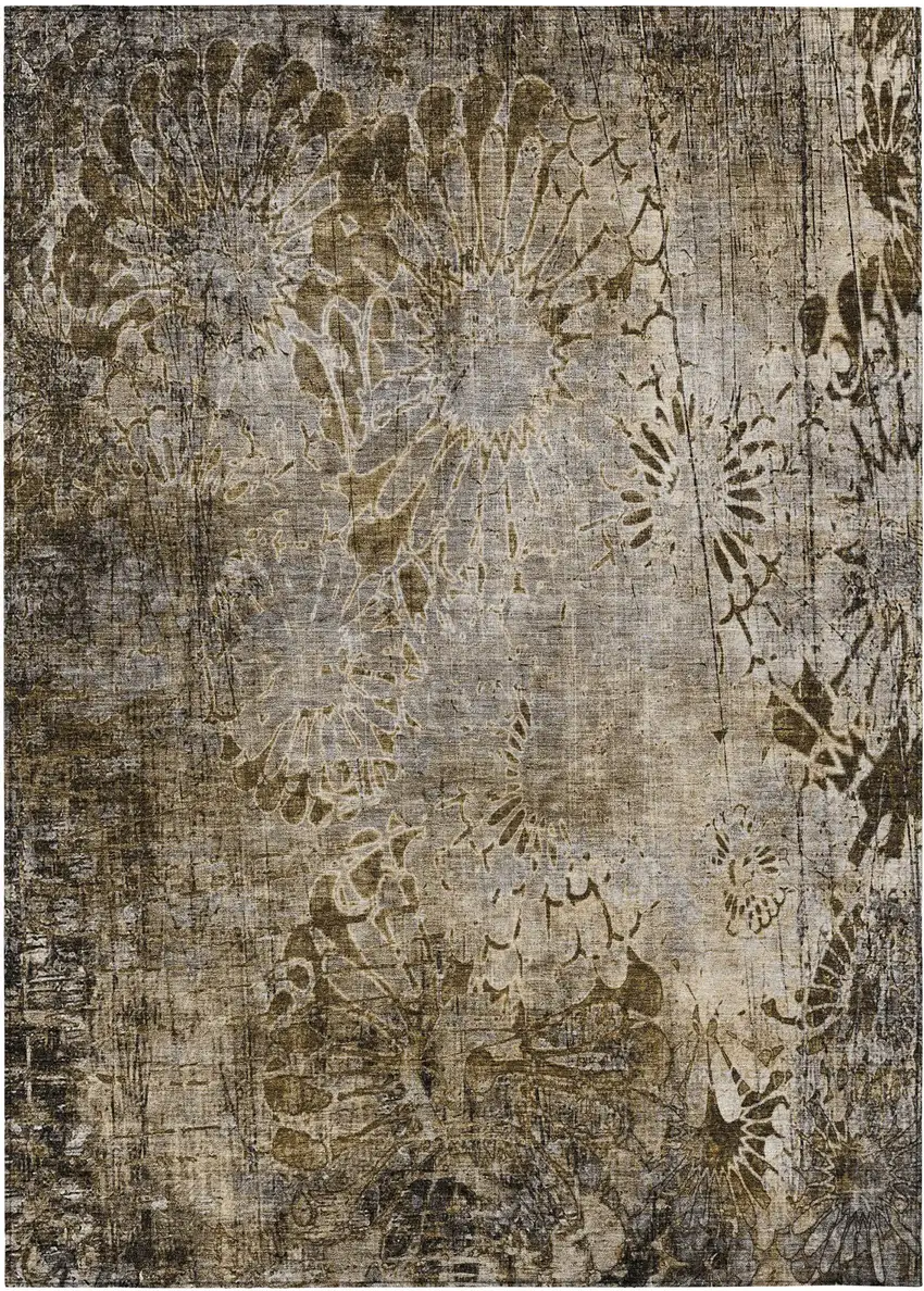 Brown And Beige Floral Washable Indoor Outdoor Area Rug Photo 2