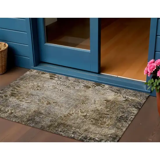 Brown And Beige Floral Washable Indoor Outdoor Area Rug Photo 1