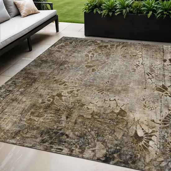 Brown And Beige Floral Washable Indoor Outdoor Area Rug Photo 1