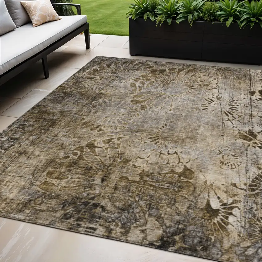 Brown And Beige Floral Washable Indoor Outdoor Area Rug Photo 1