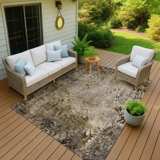 Brown And Beige Floral Washable Indoor Outdoor Area Rug Photo 6