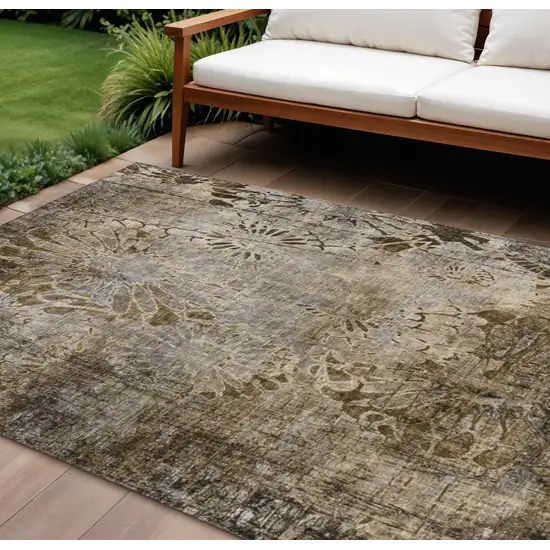 Brown And Beige Floral Washable Indoor Outdoor Area Rug Photo 1
