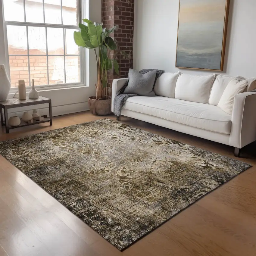 Brown And Beige Floral Washable Indoor Outdoor Area Rug Photo 9