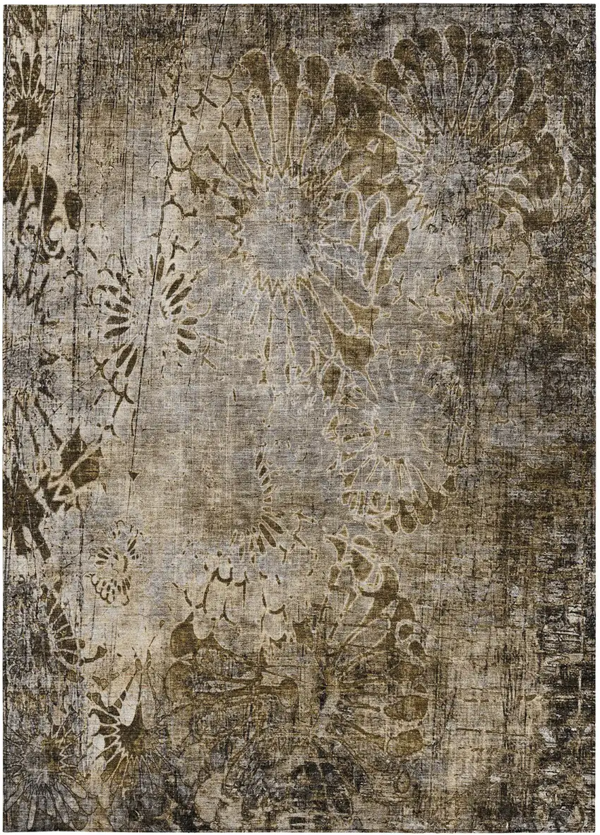 Brown And Beige Floral Washable Indoor Outdoor Area Rug Photo 4