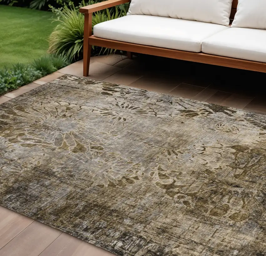 Brown And Beige Floral Washable Indoor Outdoor Area Rug Photo 1