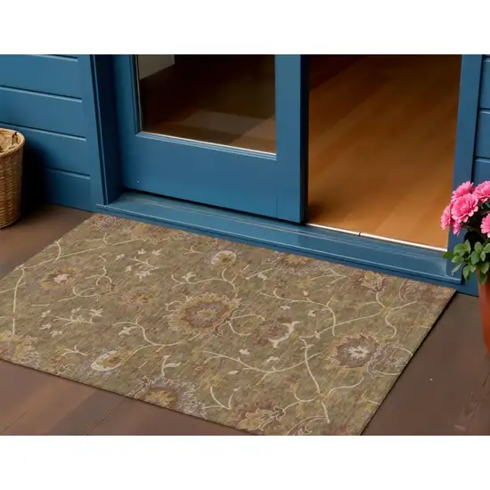 Brown And Beige Floral Washable Indoor Outdoor Area Rug Photo 1