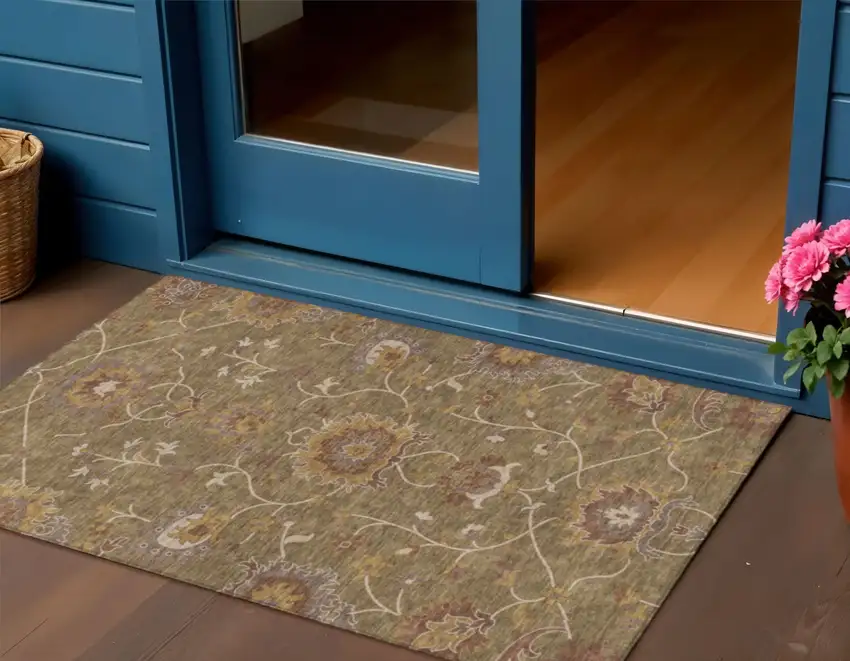 Brown And Beige Floral Washable Indoor Outdoor Area Rug Photo 1