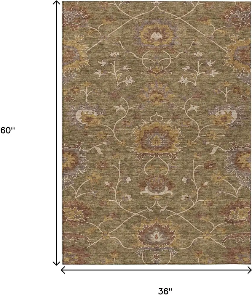 Brown And Beige Floral Washable Indoor Outdoor Area Rug Photo 3