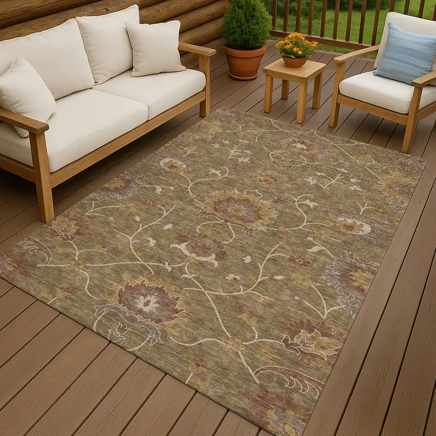 Brown And Beige Floral Washable Indoor Outdoor Area Rug Photo 9