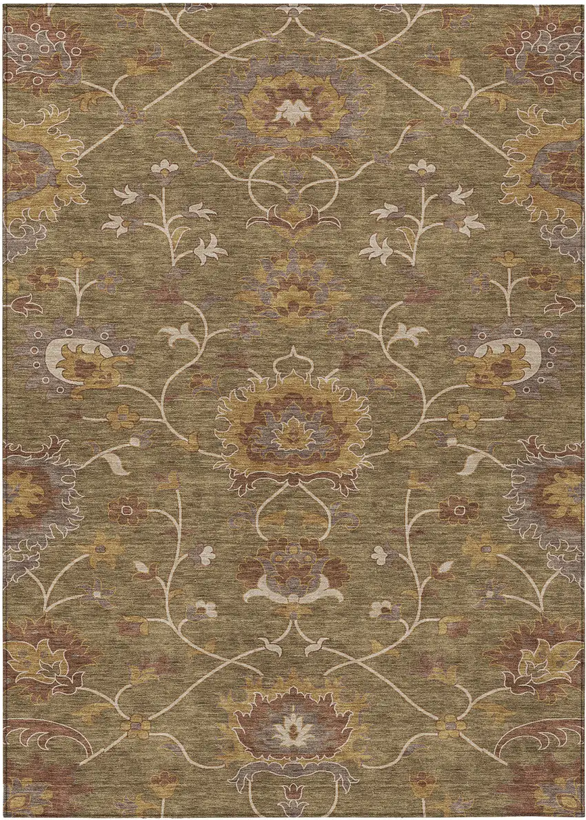 Brown And Beige Floral Washable Indoor Outdoor Area Rug Photo 2
