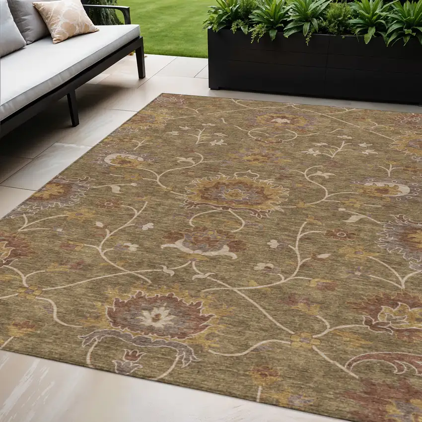 Brown And Beige Floral Washable Indoor Outdoor Area Rug Photo 1