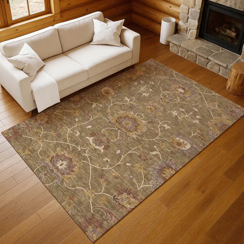 Brown And Beige Floral Washable Indoor Outdoor Area Rug Photo 8