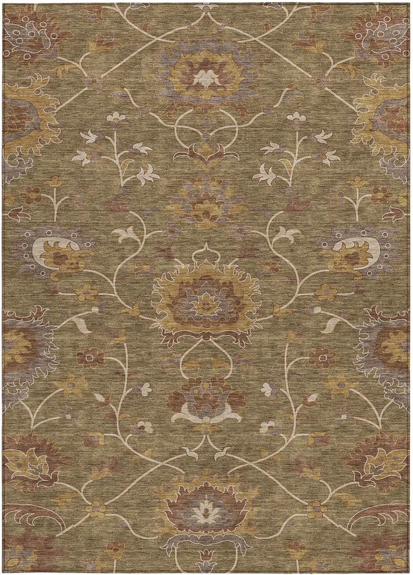 Brown And Beige Floral Washable Indoor Outdoor Area Rug Photo 4