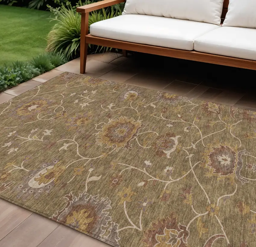 Brown And Beige Floral Washable Indoor Outdoor Area Rug Photo 1