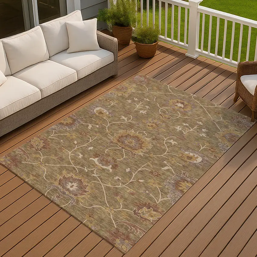 Brown And Beige Floral Washable Indoor Outdoor Area Rug Photo 7