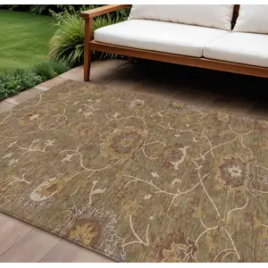 Photo of Brown And Beige Floral Washable Indoor Outdoor Area Rug