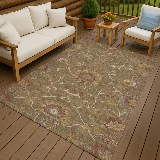Brown And Beige Floral Washable Indoor Outdoor Area Rug Photo 9
