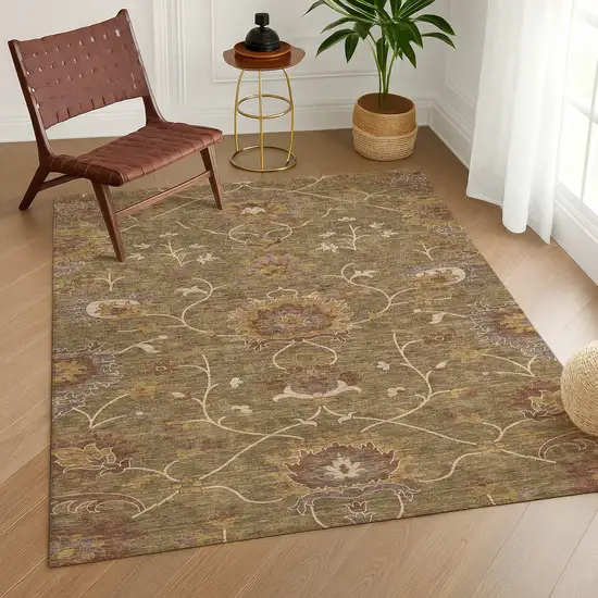 Brown And Beige Floral Washable Indoor Outdoor Area Rug Photo 9