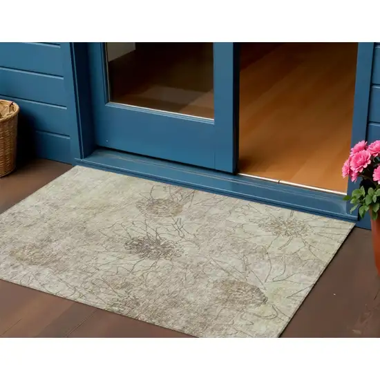 Brown And Beige Floral Washable Indoor Outdoor Area Rug Photo 1