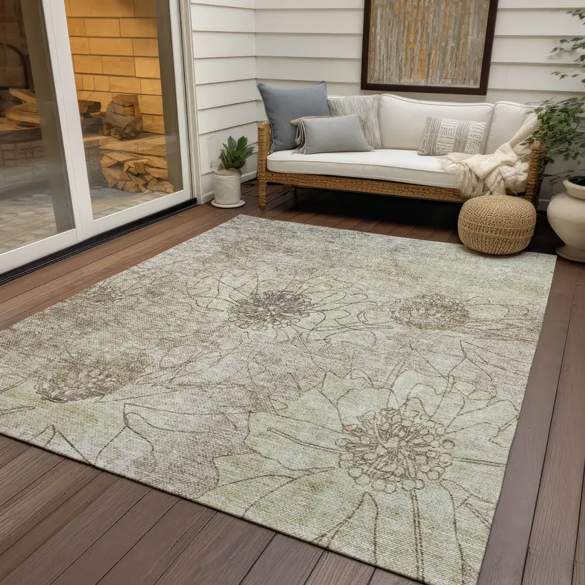 Brown And Beige Floral Washable Indoor Outdoor Area Rug Photo 9