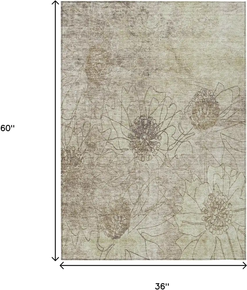 Brown And Beige Floral Washable Indoor Outdoor Area Rug Photo 3