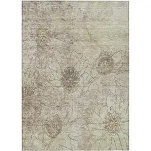 Photo of Brown And Beige Floral Washable Indoor Outdoor Area Rug