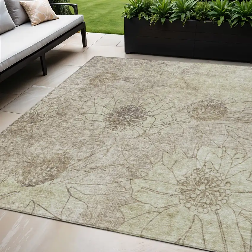 Brown And Beige Floral Washable Indoor Outdoor Area Rug Photo 1
