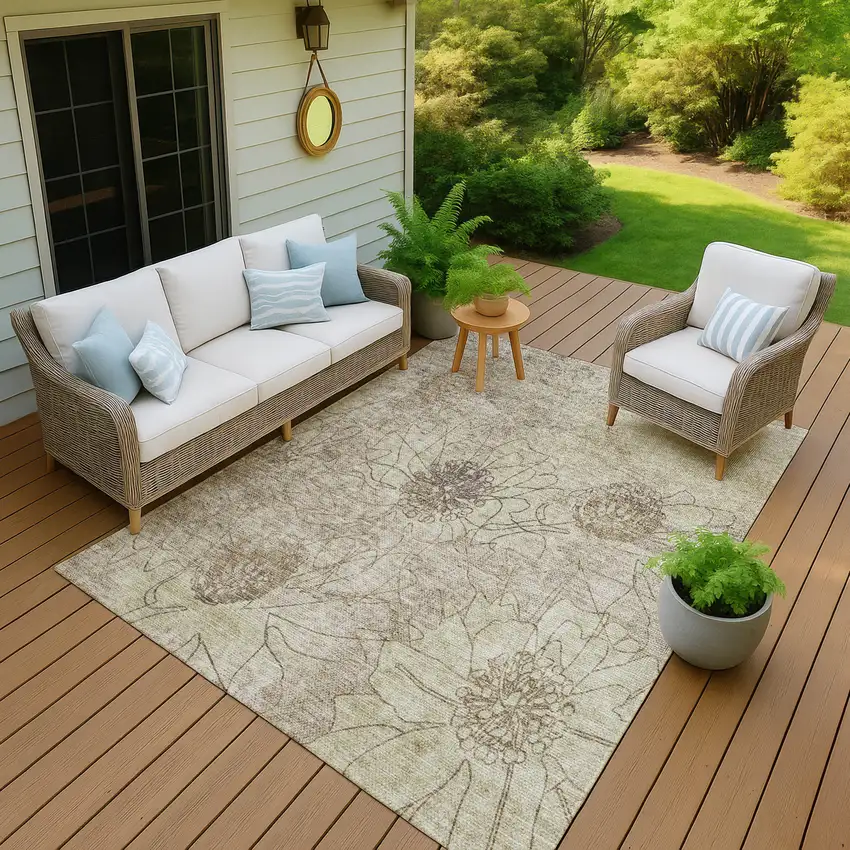 Brown And Beige Floral Washable Indoor Outdoor Area Rug Photo 6