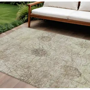Photo of Brown And Beige Floral Washable Indoor Outdoor Area Rug