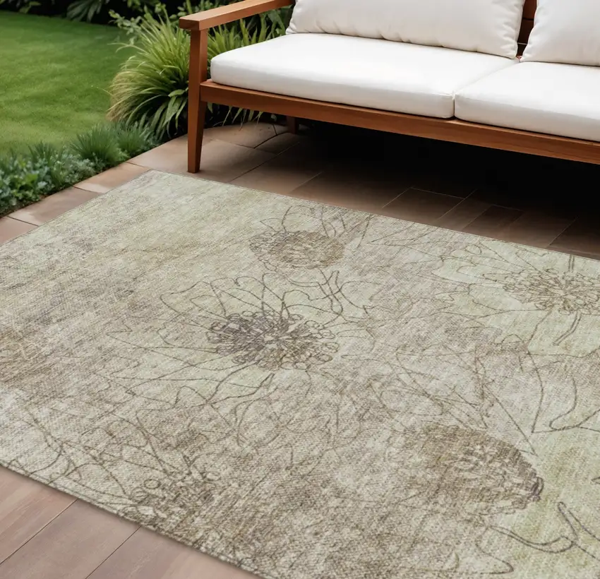 Brown And Beige Floral Washable Indoor Outdoor Area Rug Photo 1