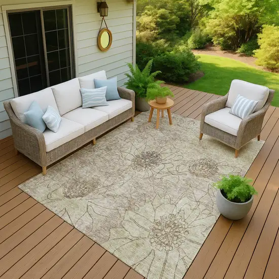 Brown And Beige Floral Washable Indoor Outdoor Area Rug Photo 6