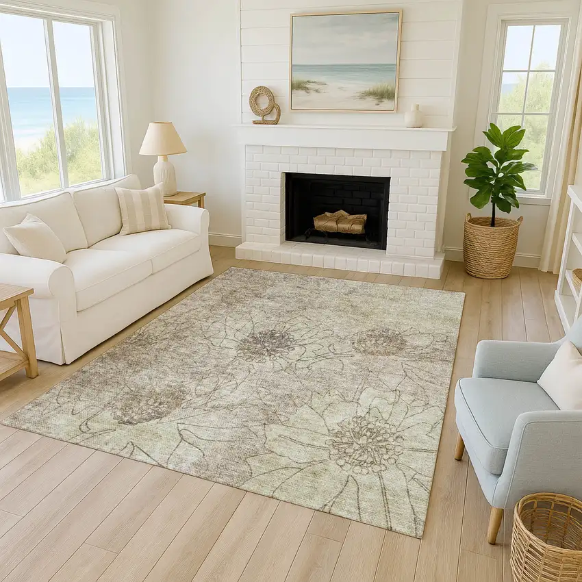 Brown And Beige Floral Washable Indoor Outdoor Area Rug Photo 7