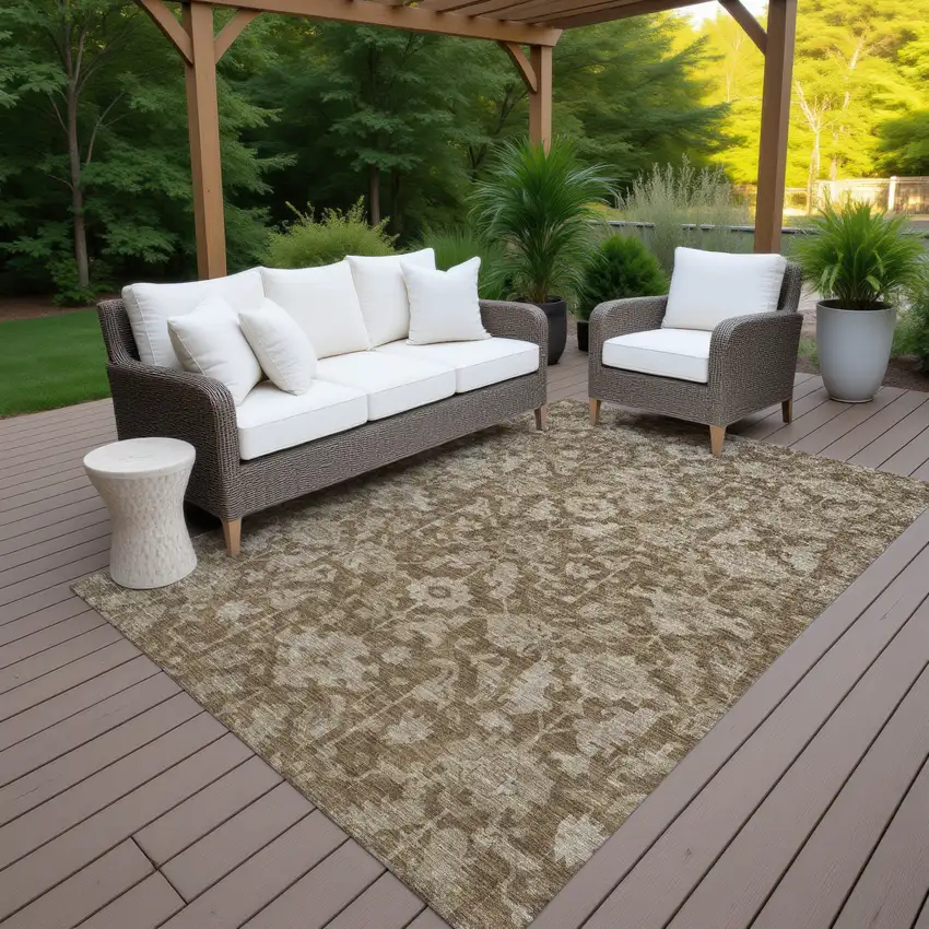 Brown And Beige Floral Washable Indoor Outdoor Area Rug Photo 7
