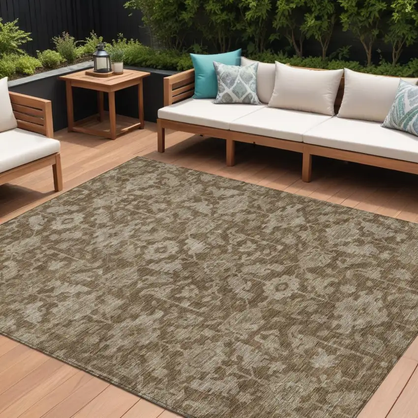 Brown And Beige Floral Washable Indoor Outdoor Area Rug Photo 1