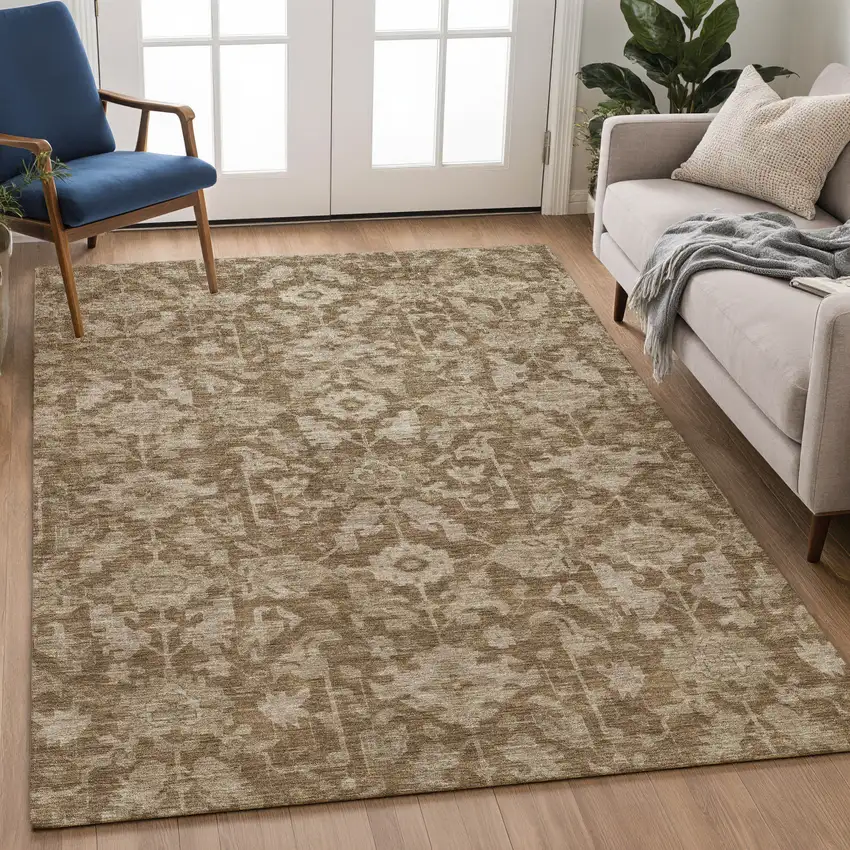 Brown And Beige Floral Washable Indoor Outdoor Area Rug Photo 5