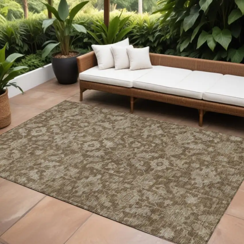 Brown And Beige Floral Washable Indoor Outdoor Area Rug Photo 1