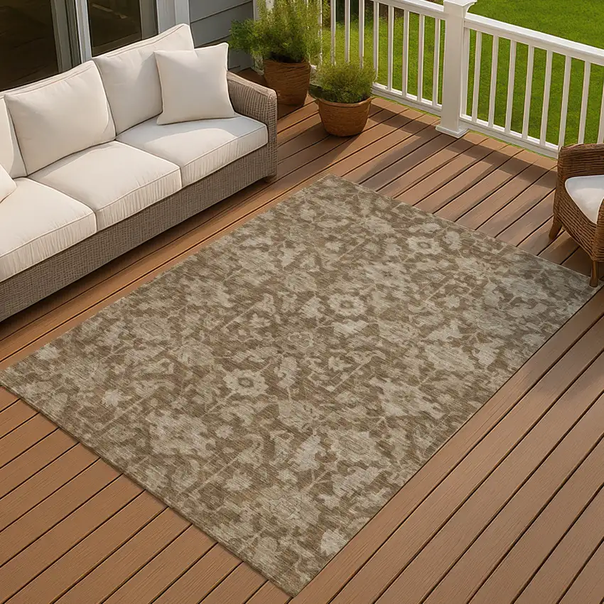 Brown And Beige Floral Washable Indoor Outdoor Area Rug Photo 4